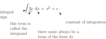 The image displays the mathematical equation \(\int 2x\,dx = x^2 + \text{constant of integration}\), used to illustrate basic integration.
