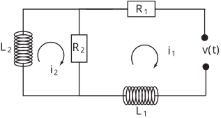 A circuit diagram showing three components, two inductors labeled \(L_1\) and \(L_2\), and one resistor labeled \(R_2\), connected with nodes for voltage \(v(t)\) and currents \(i_1\) and \(i_2\).
