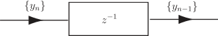 A block diagram illustrating the transformation of a signal from time index \(n\) to time index \(n-1\) via a component labeled \(z^{-1}\).