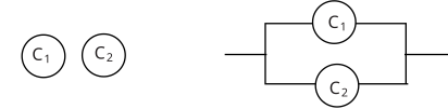 The image displays an electrical circuit diagram showing two components, labeled \(C_1\) and \(C_2\), connected in parallel.