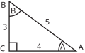 A right-angled triangle labeled with side lengths 3, 4, and 5, and two angles labeled B and A.