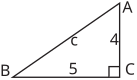 A right-angled triangle labeled ABC shows the lengths of its sides as 5, 4, and c.
