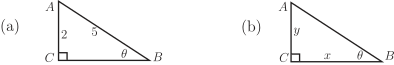 The image shows two right-angled triangles, labeled (a) and (b), with sides and angles marked with variables.