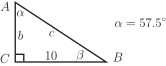 A right-angled triangle labeled with sides and angles, where one acute angle is given as 57.5 degrees.