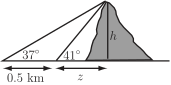 A diagram showing two right triangles formed by a vertical line segment of height \(h\) and an angled hypotenuse, with horizontal bases labeled \(0.5\) kilometers and \(z\) kilometers.