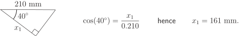 A diagram of a right-angled triangle with labeled side lengths and angles, accompanied by a trigonometric calculation.
