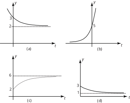 The image displays four graphs, labeled (a), (b), (c), and (d), showing the relationship between a variable \(y\) on the vertical axis and time \(t\) on the horizontal axis.