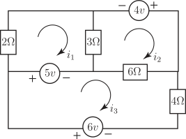A circuit diagram showing three loops with associated currents and voltage and resistance sources.